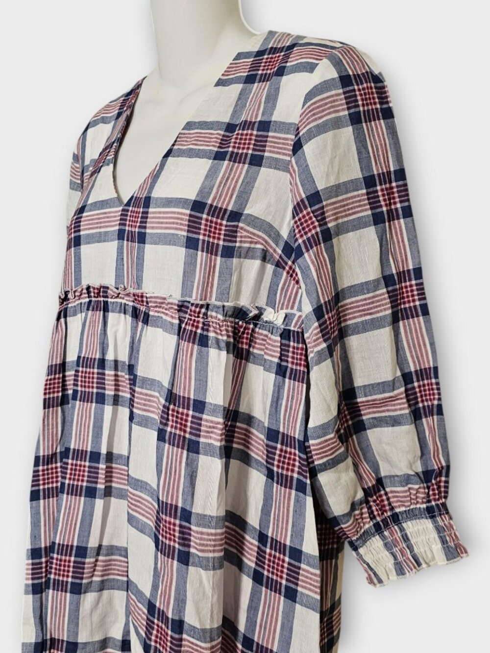 NWT Zara Plaid Babydoll Mini Dress Women’s XS V Neck Blue Red White Lined Boho - Picture 7 of 13